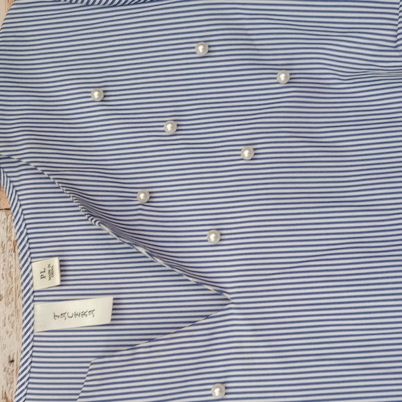 NWOT Tacera PL Blue and White Striped Dress w/ Faux Pearl Beading & Bell Sleeves - Picture 4 of 13